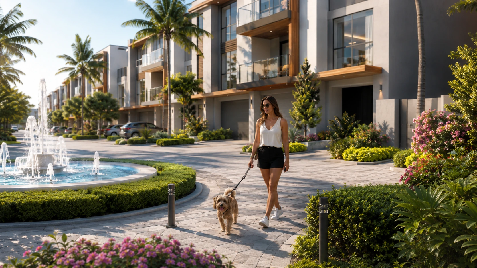 Resident walking a dog through the landscaped community
